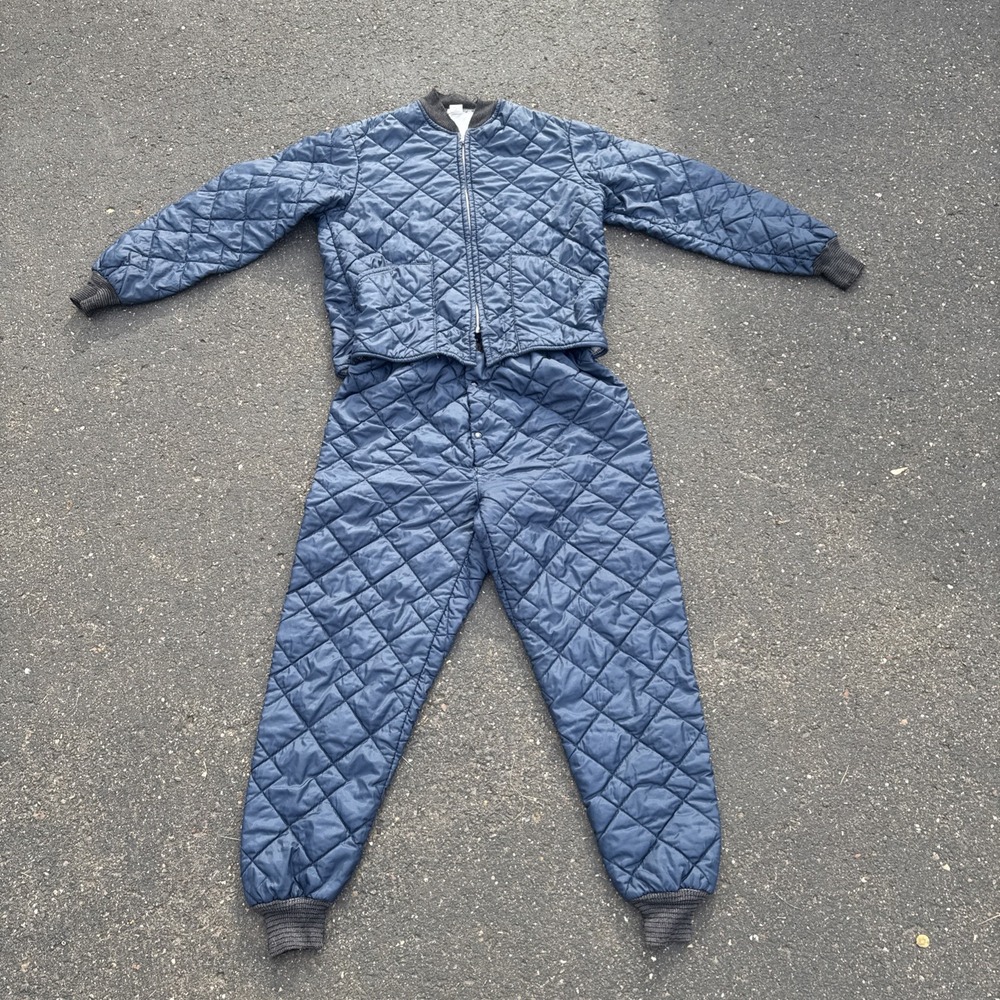 Vtg Quilted Hunting Jacket Navy Mens L Diamond Quilt Waffle Knit Thermal Set 70s